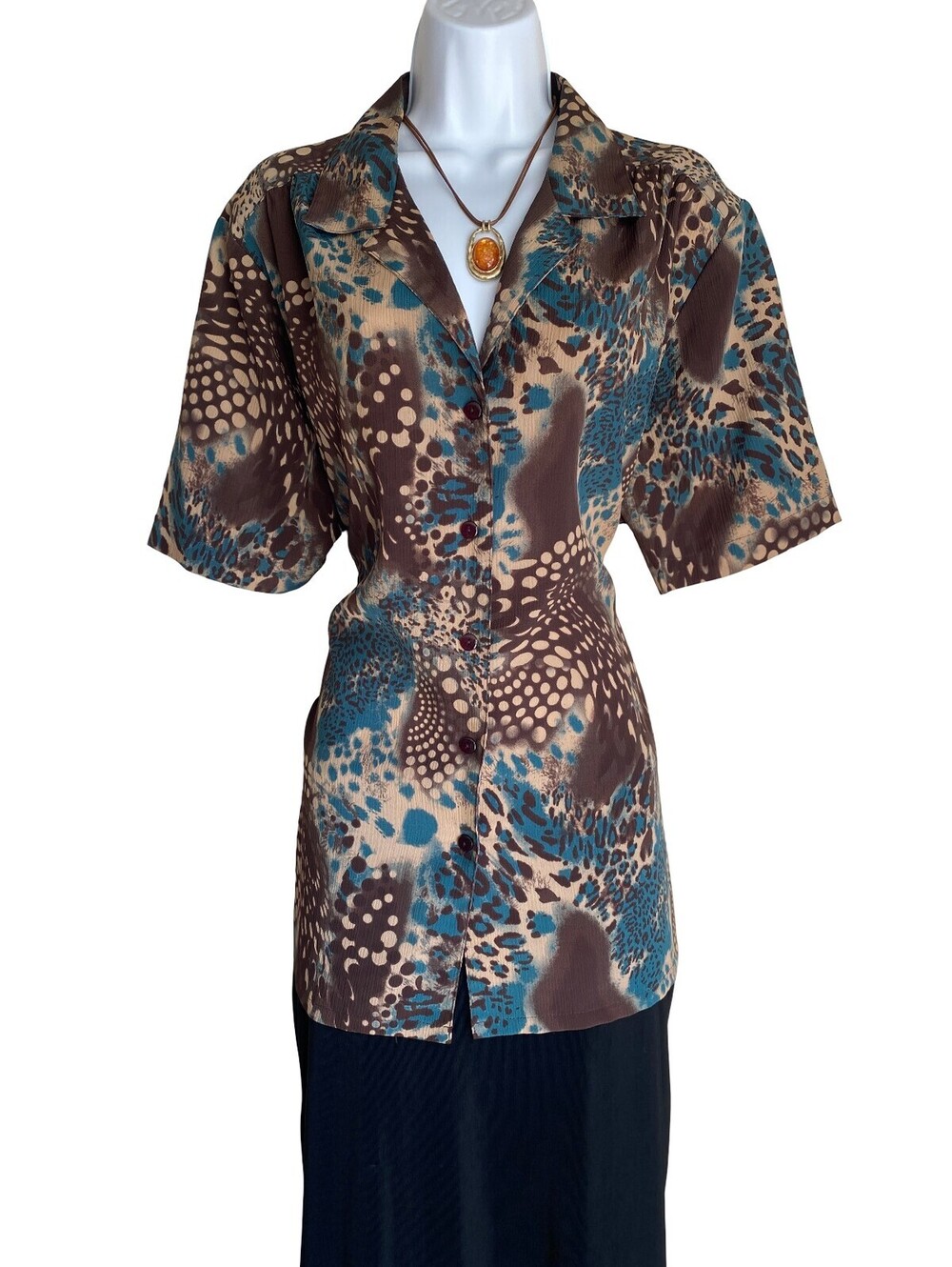 VTG Donnkenny Womens Plus Size 3X Brown Blue Animal Print Tunic Blouse Button Up
